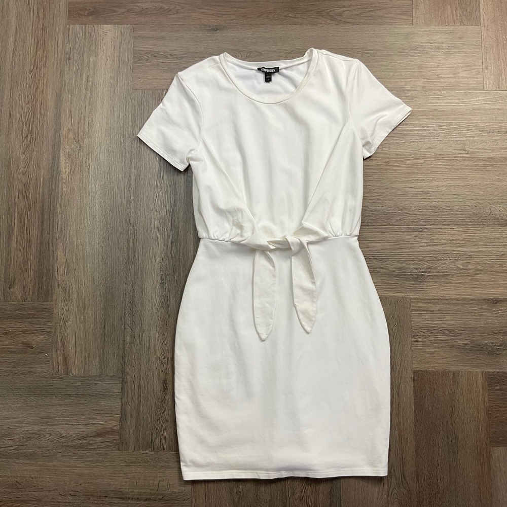 Express Short Sleeve Tie Front‎ Crew Neck Lined T Shirt Dress Womens XS White